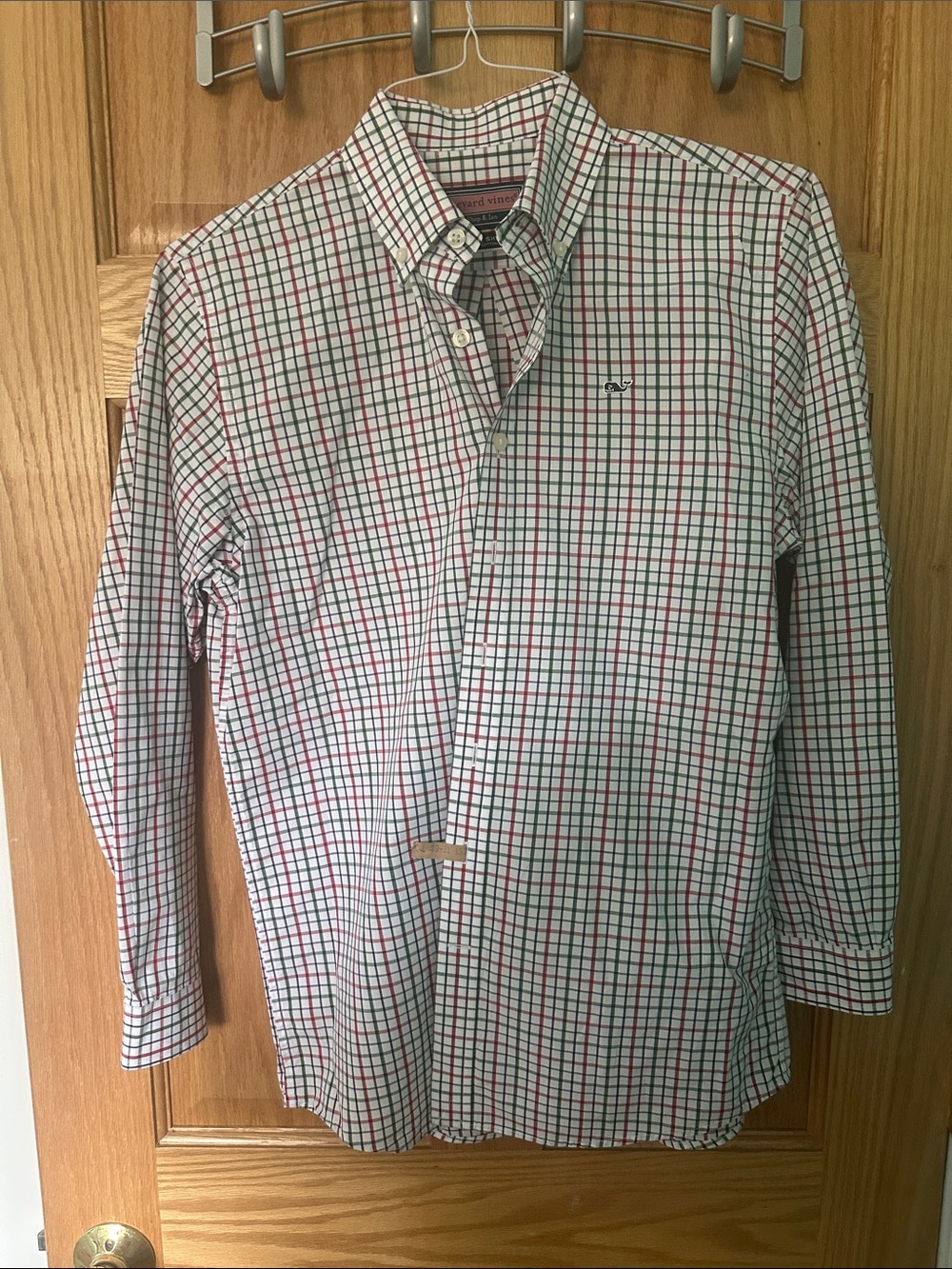 Vineyard Vines White Button-Down Dress Shirt with Red and Green Windowpane